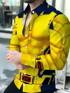 Men's Breathable Lapel Long Sleeve Menswear Wolverine Costume Print Button-Up Shirt