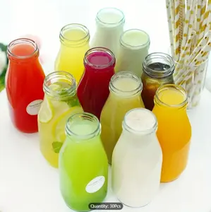 30pcs, Glass Jars, 12oz Glass Milk Bottles, Small Reusable Vintage Glass Milk Jars, Drinking Juice Bottles With 60 Lids And Waterproof Labels, Orange Juice Containers With Lids For Fridge, Refillable Water Bottles, Empty Juice Bottles, Kitchen Supply