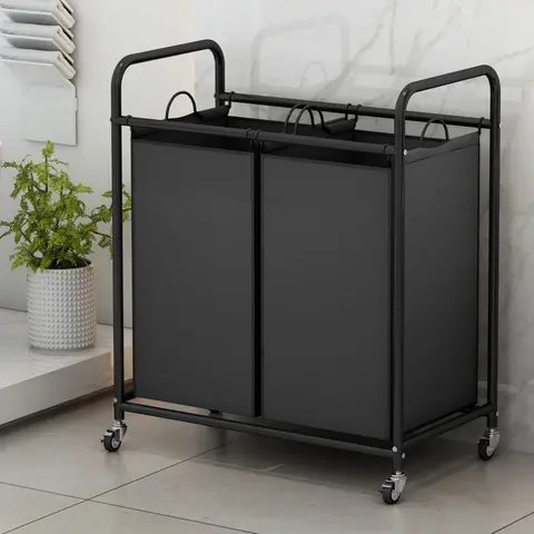 SUOERNUO Wheeled Laundry Basket - Rectangular 2-Section Metal Frame Hamper Cart for Garage, Balcony, Bathroom Clothes Storage, Lockable Rolling Wheels, Removable Degradable Dustproof Eco-Friendly Bags, Collapsible Organizer (Black)