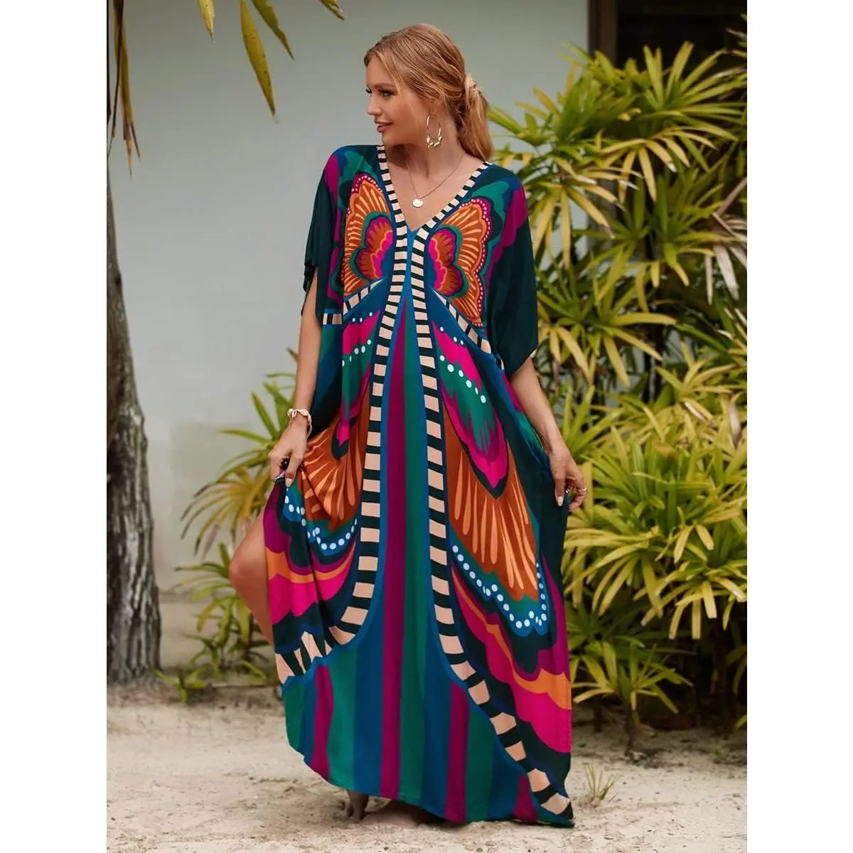 Women's Plus Size Tie Dye Butterfly Kaftan, 3/4 Batwing Sleeve Moroccan Maxi Dress, Casual Viscose Blend Beach Swim Cover Up, Tie Dye Kaftan, 3/4 Sleeve, Lightweight