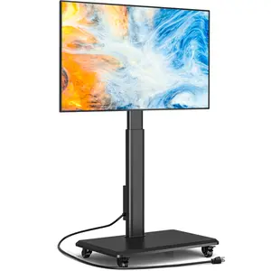 Rfiver Sleek Rolling TV Stand with Power Outlet for Home Decor, Height Adjustable Portable TV Stand on Wheels for 32-70 Inch TVs, Strong Tall Mobile TV Cart with Mount Up to 88 lbs, Black