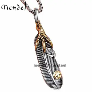 Gold Plated Mens Tribal Eagle Feather Necklace Pendant Stainless Steel