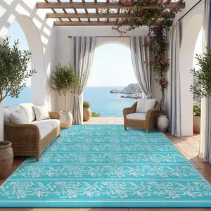 Reversible Outdoor Rug Waterproof Boho Leaf Patio Carpet with 4 Stakes and Storage Bag, Plastic Straw RV Camping Mat for Picnic Balcony Deck Backyard Porch Beach, Easy Clean Quick Dry Indoor Outdoor Area Rug