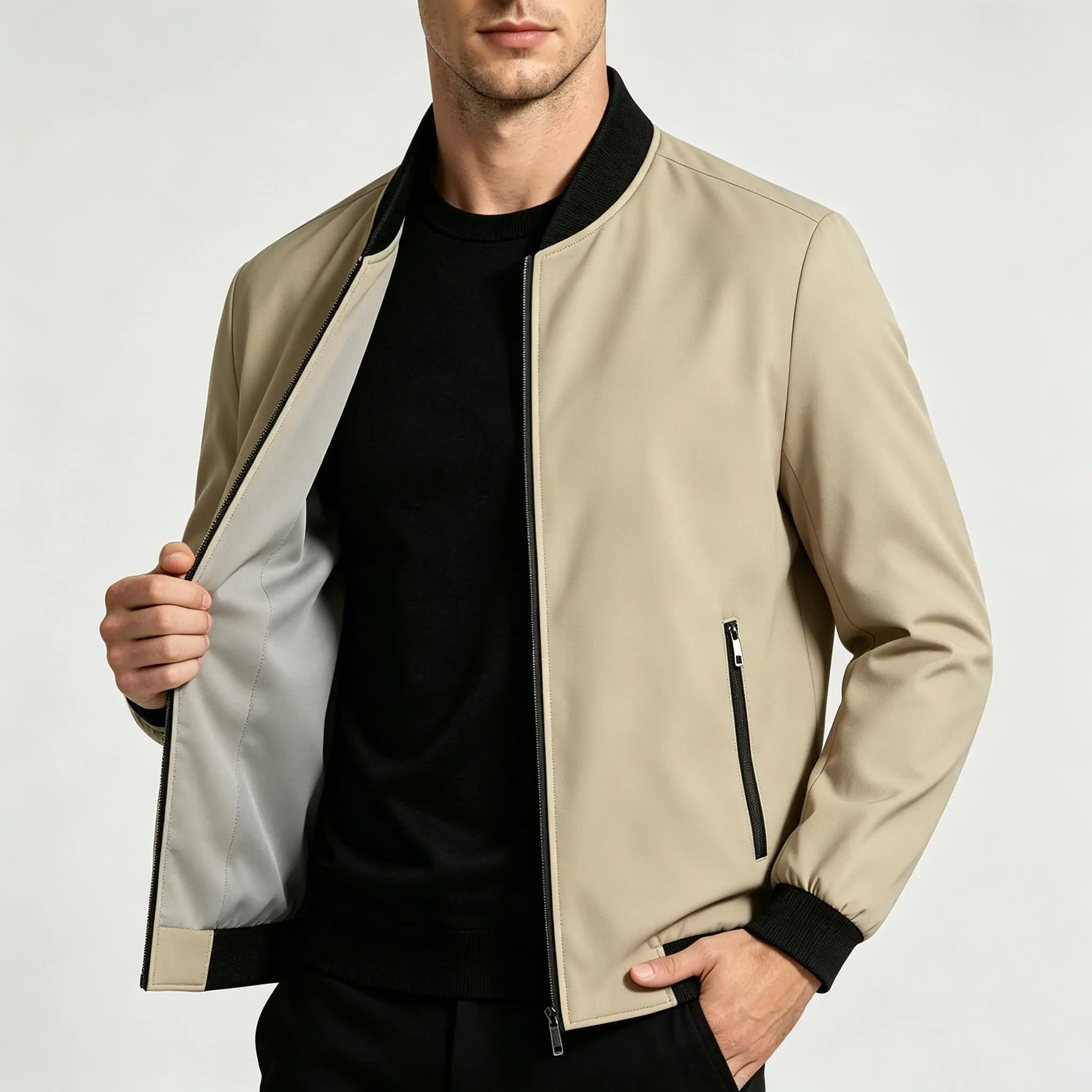 Men’s spring/autumn jacket with a baseball collar, versatile casual design, reversible for both front and back wear, minimalist business commuter style, windproof stand collar outerwear Classic Fabric