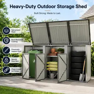 Elon Garbage Bin Shed Trash Can Storage Outdoor 3 Can Enclosure with Lockable Doors Waterproof Lid Pneumatic Support Rod Chain Grey Patio Garden Backyard Trash Bin Hideaway Waste Container Storage Shed Organizer