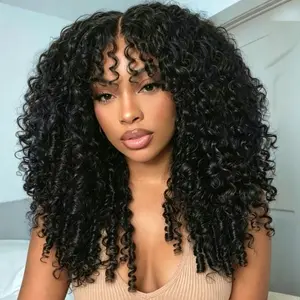 Unice 13x4 Pre everything Burmese Curly Finger Coils Ends Thick Curls Wig with Bangs Glueless Lace Frontal Human Hair Wig