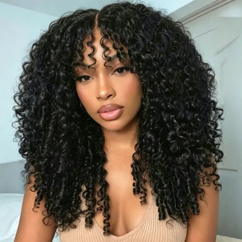 UNICE 13x4 Glueless Lace Front Wig, Pre-Styled Female Burmese Curly 100% Human Hair with Bangs and Finger Coil Ends, Wigs, Thick, No, Burmese Curly Wigs, Human Hair Wigs
