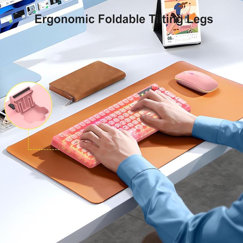 Pink Light Up Keyboard and Mouse Wireless,Cute 2.4Ghz Cordless Rechargeable Transparent Backlit Keyboard,15 Backlight Effects,Volume Knob,RGB Mouse with 3 DPI for Mac Computer PC Laptop Desktop iPad