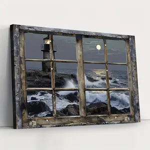 1pc Wooden Framed Canvas Painting  Coastal Lighthouse & Beach Scene - Modern Nautical Wall Art for Living Room  Bedroom  Bathroom Decor