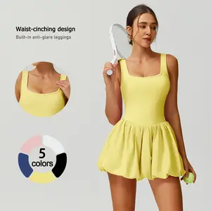 TimeOFF Women's Square Neck Tennis Dress , Flounced Skirt, Waist-Cinching, Built-in Shorts , Stretchy Sculpt Fit , Tennis, Yoga, Casual Gym Workout Clothes Activewear