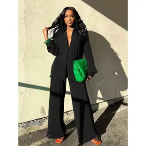 Women's 2 Piece Outfit Set: Long Sleeve Button Down Shirt & Pleated Wide Leg Palazzo Pants | Casual Streetwear, Loungewear,Pleated skirt sportswear long sleeved button up shirt and Palazzo pants, casual home wear, wide leg pants set for streetwear
