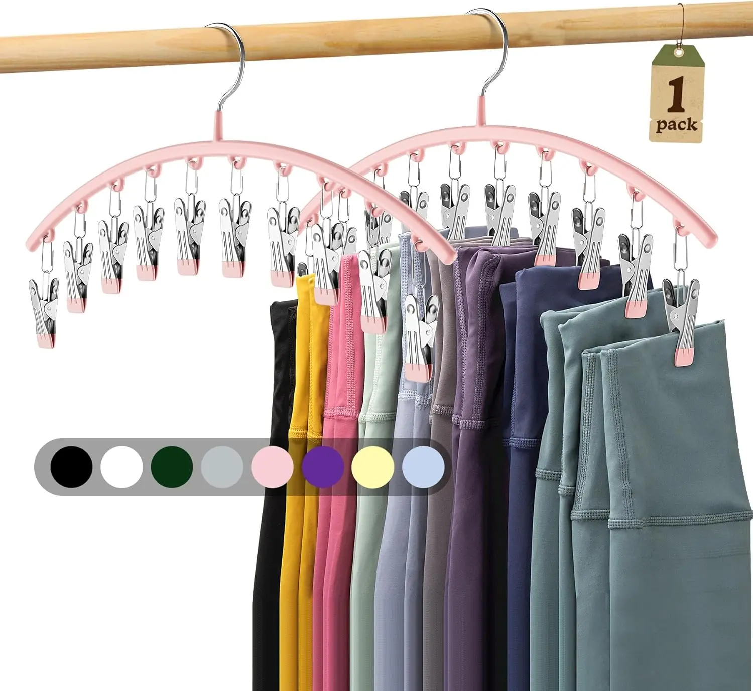 Clip-On Plastic Legging Organizer Hangers with Carbon Steel Hooks - 4 Pack, Hanging Space Saver, Holds 20 Yoga Pants/Socks/Jeans, Durable for Daily Use, Pink Closet Home Wall Organizer