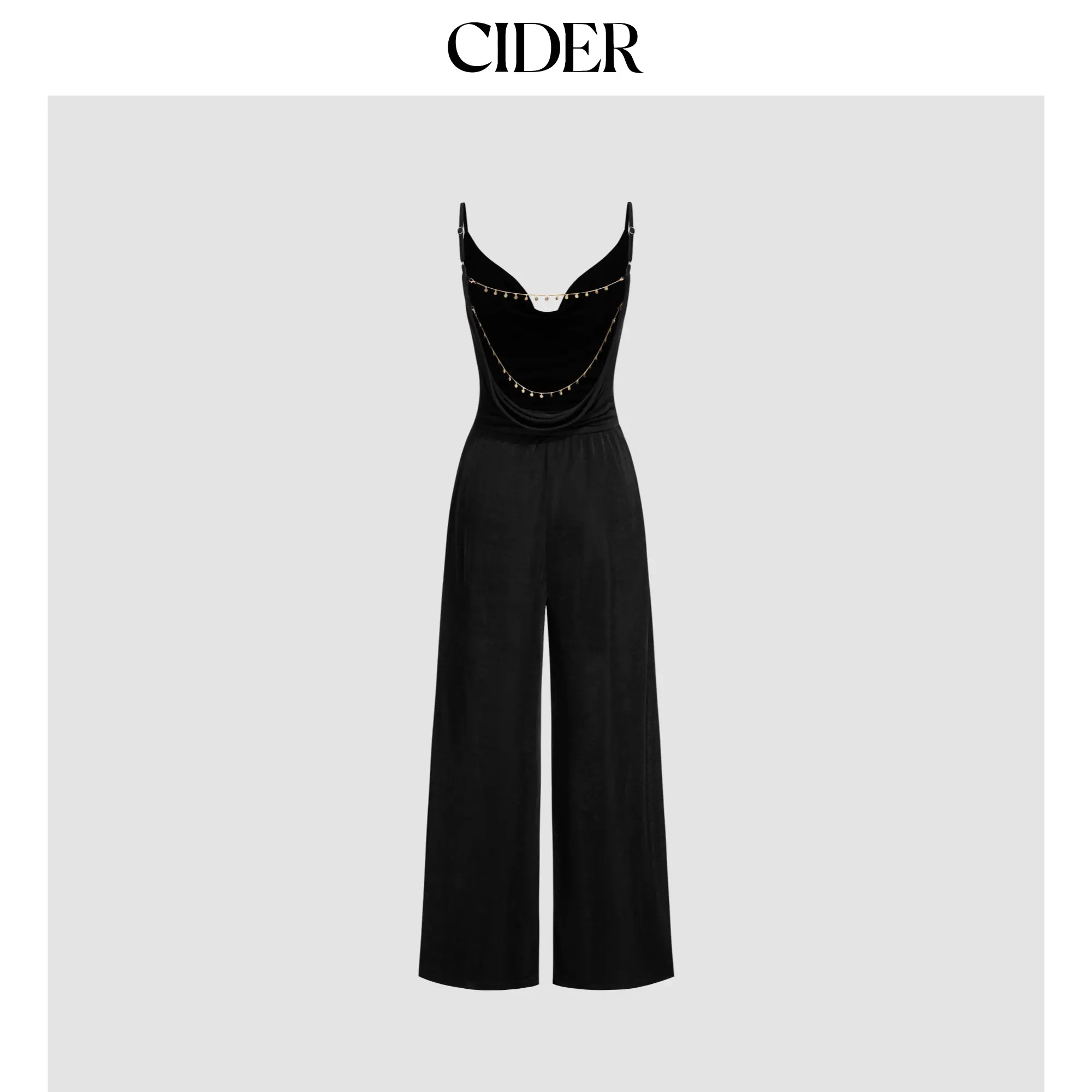 Cider Cowl Neck Metal Chain Backlesss Ruched Wide Leg Jumpsuit
