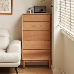 YESWOOD 100% Solid Wood Nightstand, Cherry Wood 5 Drawers Side Table, Wooden Closet Storage Organizer with Metal Slide for Bedroom, Living Room, Hallway, Natural Color, 24.25" W x 15.74" D x 46" H