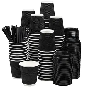 NYHI 100Pc Black Disposable Paper Cups with Black Lids and Straw(8oz)