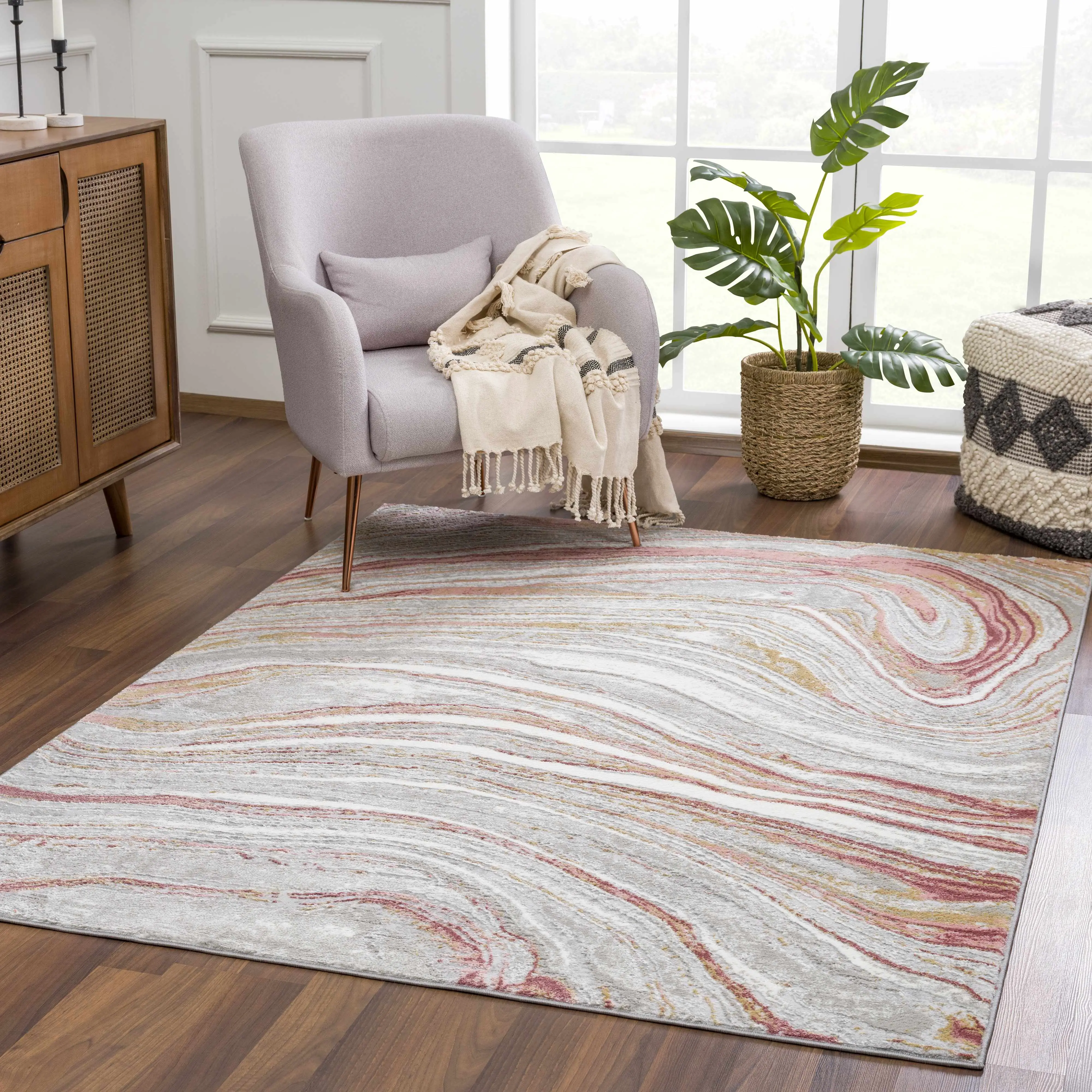 Pink Live Marble Rectangle Decorative Area Rug, Machine-Woven, Indoor Use, Bedroom-Friendly, High-Traffic Durable Carpet