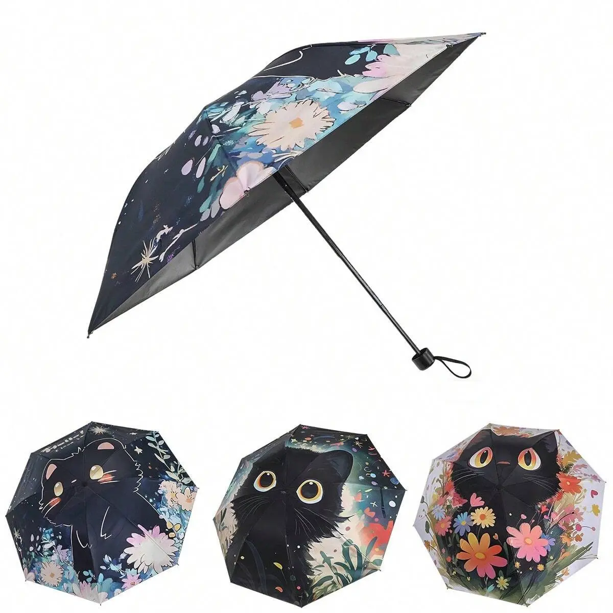 Cute Cat Pattern Foldable Manual Umbrella, Reinforced Steel Frame, UV Protection, Compact Design, Lightweight Foldable Umbrella, Durable Vinyl Fabric, Ergonomic Rubber Handle, Portable Folding Umbrella