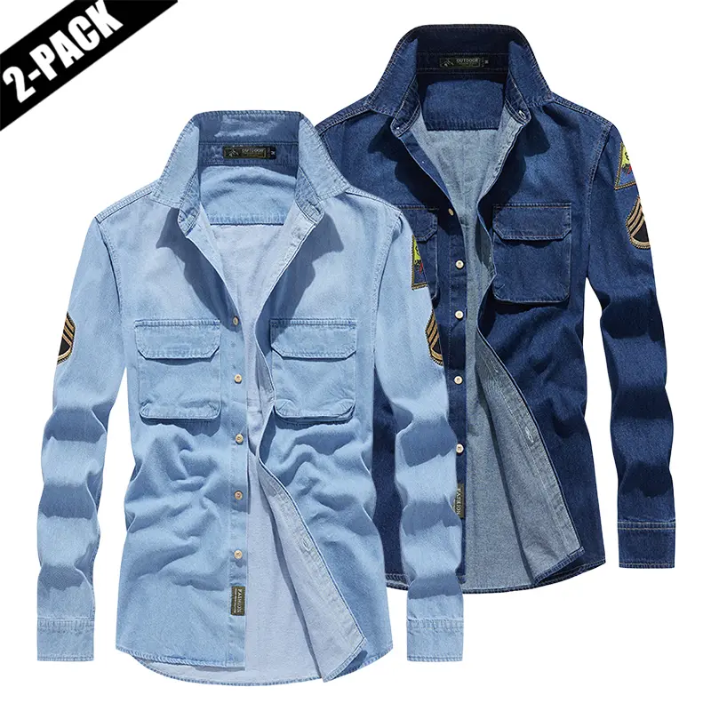 Men’s autumn washed, distressed denim mid-length sleeve shirt in a vintage workwear style, featuring dual chest pockets, suitable for everyday wear, outdoor casual activities, and lightweight workwear looks.