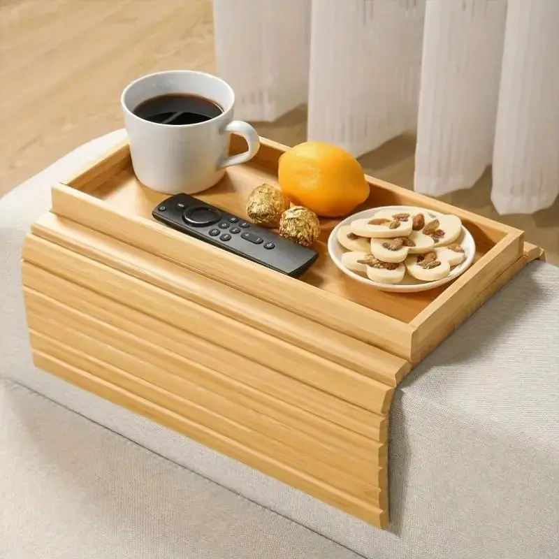 Bamboo Coffee Table Tray, Foldable Bamboo Coffee Table Tray with Cup Holder, Multifunctional Home Decor Tray for Snack, Drink & Remote Control