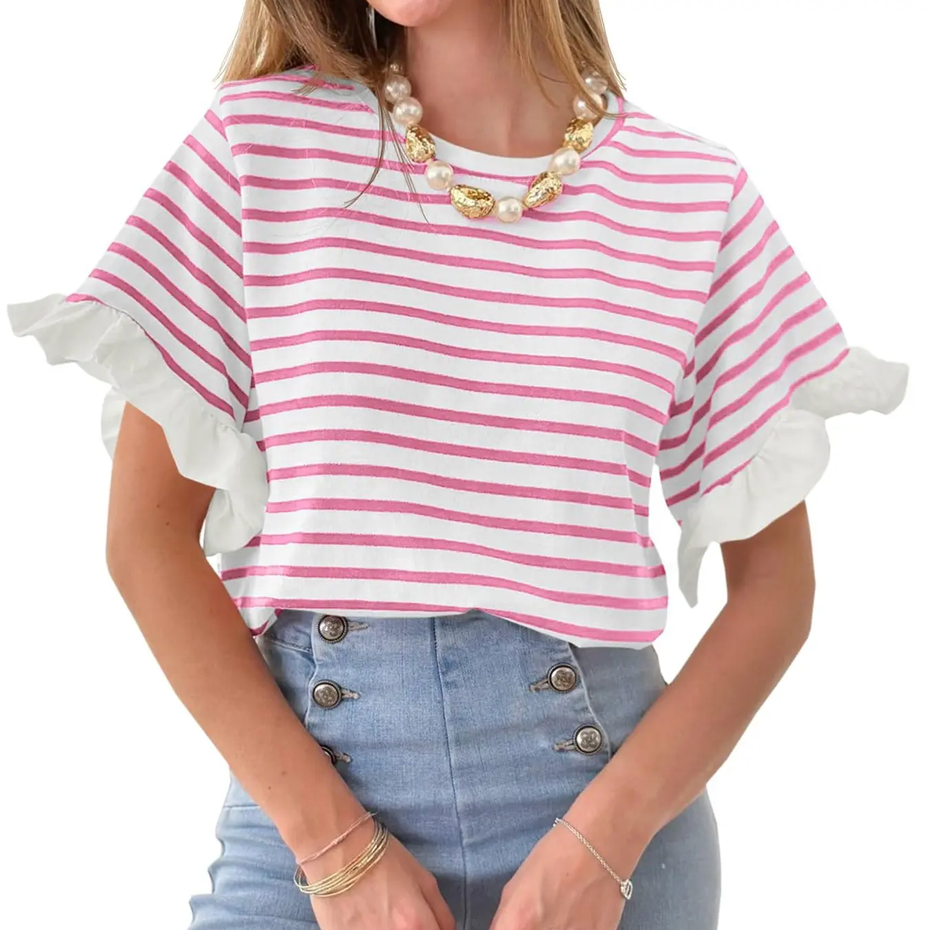 Renaishow Women's Casual Ruffle Short Sleeve T-Shirt, Striped Print Crewneck Fitted Basic Tee for Summer, Shortsleeve, Casual Design, Elegance, Valentines Day, Ruffle Detail, Fitted Cut, Tshirt, Everyday, Outfits, Easy Basic Style With Refined Detail, Rou