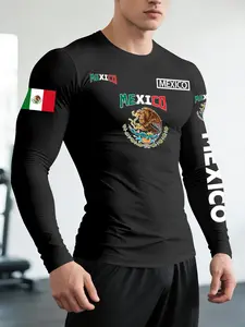 Men's Mexico Emblem Long Sleeve T-Shirt, Casual Spring & Fall Fashion, Comfortable Sportswear, Gym Tees, Letter Pattern, Fitted Style