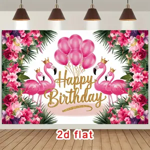 Polyester Pink Flamingos Crown Balloons Floral Border Happy Birthday Wall Hanging Photo Backdrop Banner Tapestry, Festive Party Decor for Farm, Home, Valentine's Day
