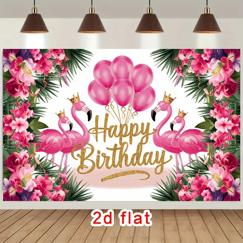 Durable Synthetic Happy Birthday Backdrop Banner Tapestry - Hook-Included, Decorative Pink Flamingos, Crown Balloons, Floral Glitter Border, Easy-Remove Wall Hanging Photo Background, Festive Party Decoration for Farm Room, Home, Flowers, Other