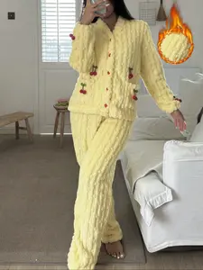 Women's Winter Plush Comfortable Colorblock Embroidered Cherry Two-Piece Sleepwear Set Loungewear, Casual Cute Sweet Style Button Front Long Sleeve Pants