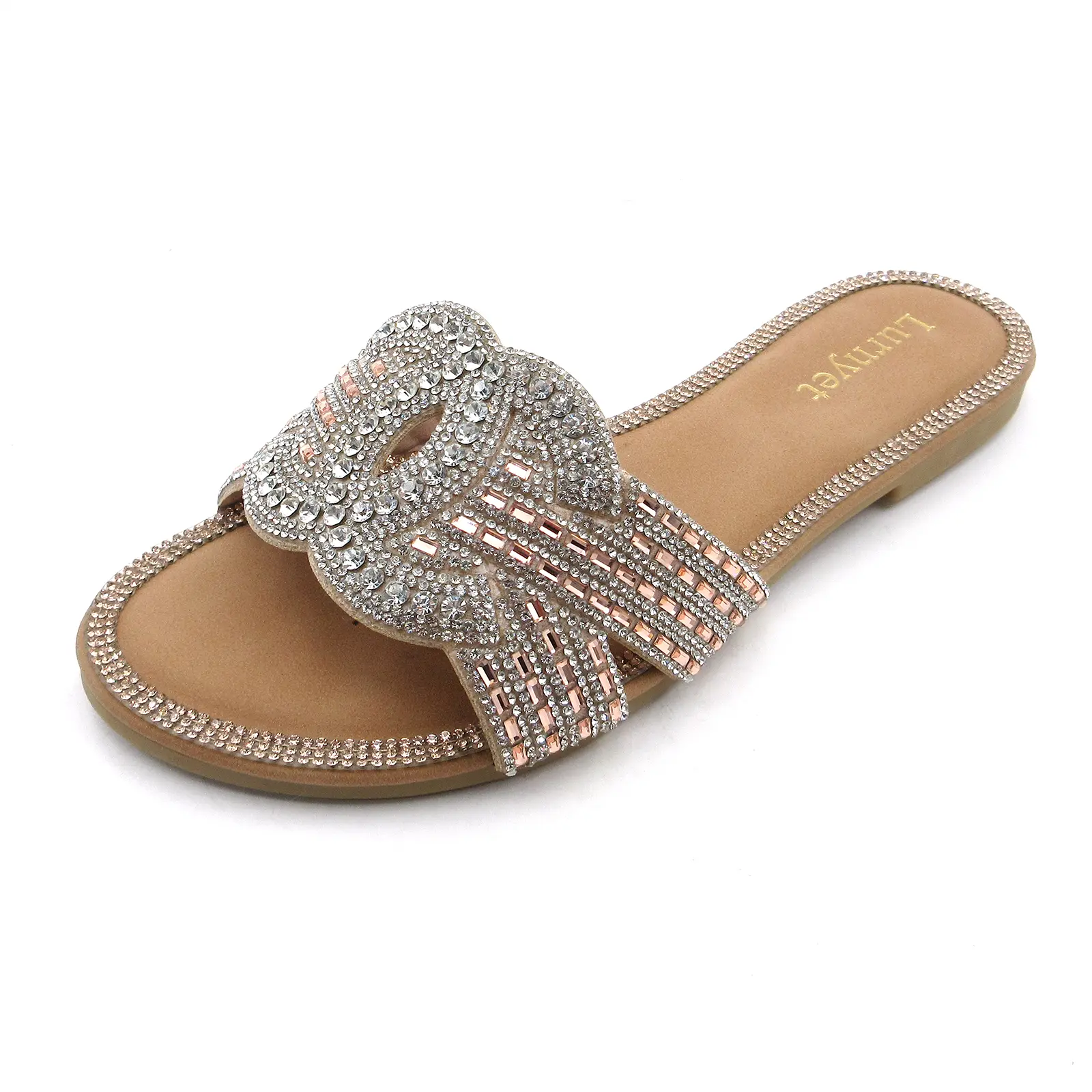 Women's Rhinestone Trim Flat Heel Open Toe Slide Sandals - Fashionable Slip-On Breathable Flats, Versatile Casual Wear Footwear for Beach Use