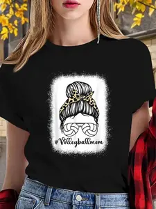 100% Cotton Bleached Volleyball Mom With Leopard and Messy Bun Player T-Shirt T-Shirt Print Round Neck Short Sleeve T-Shirt For Women Casual, Summer, Women Top Graphic Tees Women Tops