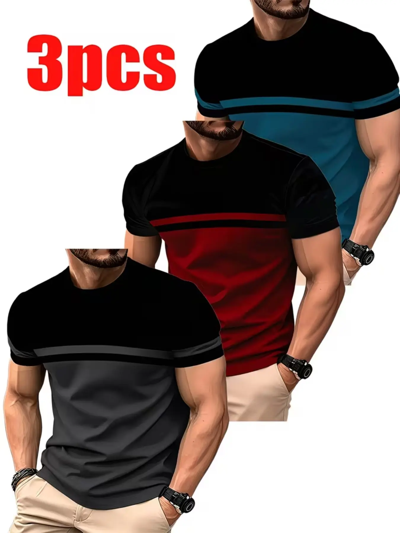 3pcs Men's Casual Fashion Short Sleeve Slim Fit T-Shirts, Breathable Summer Streetwear, All-Over Print, Daily Wear & Travel, Casual Style Tee, Tops, Menswear