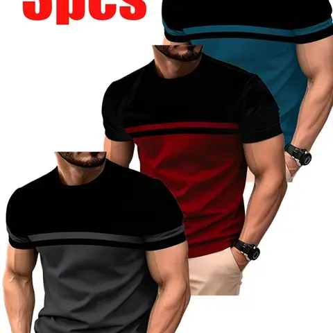 3pcs Men's Casual Fashion Short Sleeve Slim Fit T-Shirts, Breathable Summer Streetwear, All-Over Print, Daily Wear & Travel, Casual Style Tee, Tops, Menswear