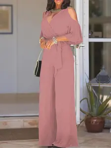 Elegant V-Neck Off-Shoulder Belted Jumpsuit, Womenswear Solid Color Wide Leg Design, Perfect for Day, Evening, Casual & Formal Wear, Women's Fashionable