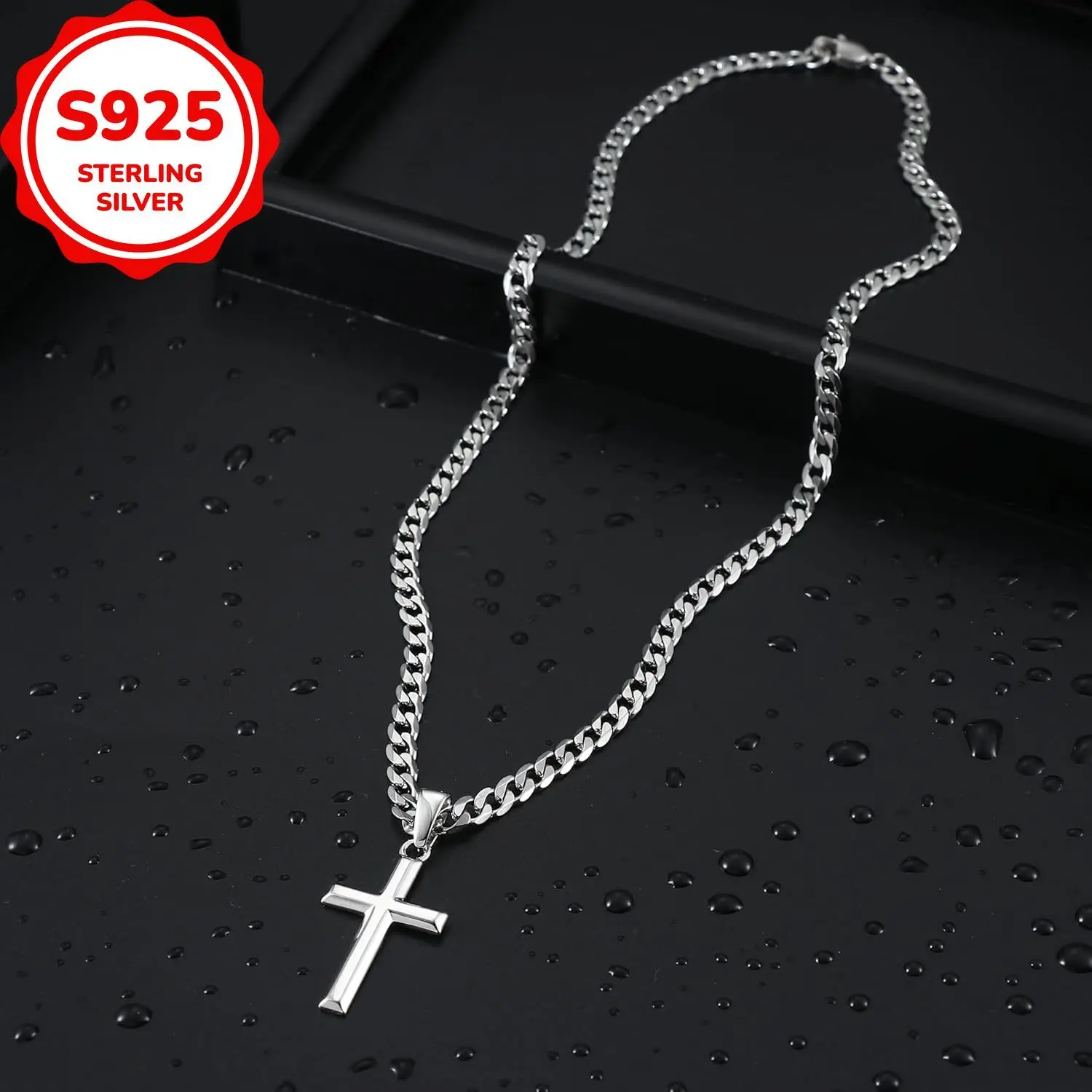 925 Silver Cross Pendant Necklace with 5mm Wide Cuban Cross Chain, 20-24in Length, Unisex Neutral Look, Elegant Style, Ideal for Daily Wear & Parties Fashion Jewelry gift