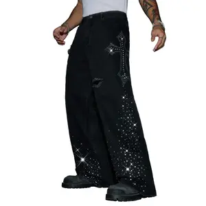 Men’s Black Loose Korean Ripped Flared Denim Jeans - All-Season Street-Style Long Pants with Cross Embroidery, Rhinestone Appliqué - Menswear Streetwear Trousers tiktokshopspringglowup
