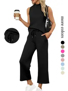 Women's Summer Casual Minimalist Two-Piece Set Outfit, Stand Collar Top & Wide Leg Pants, Comfortable Daily Wear, Stylish Ladies' Clothing