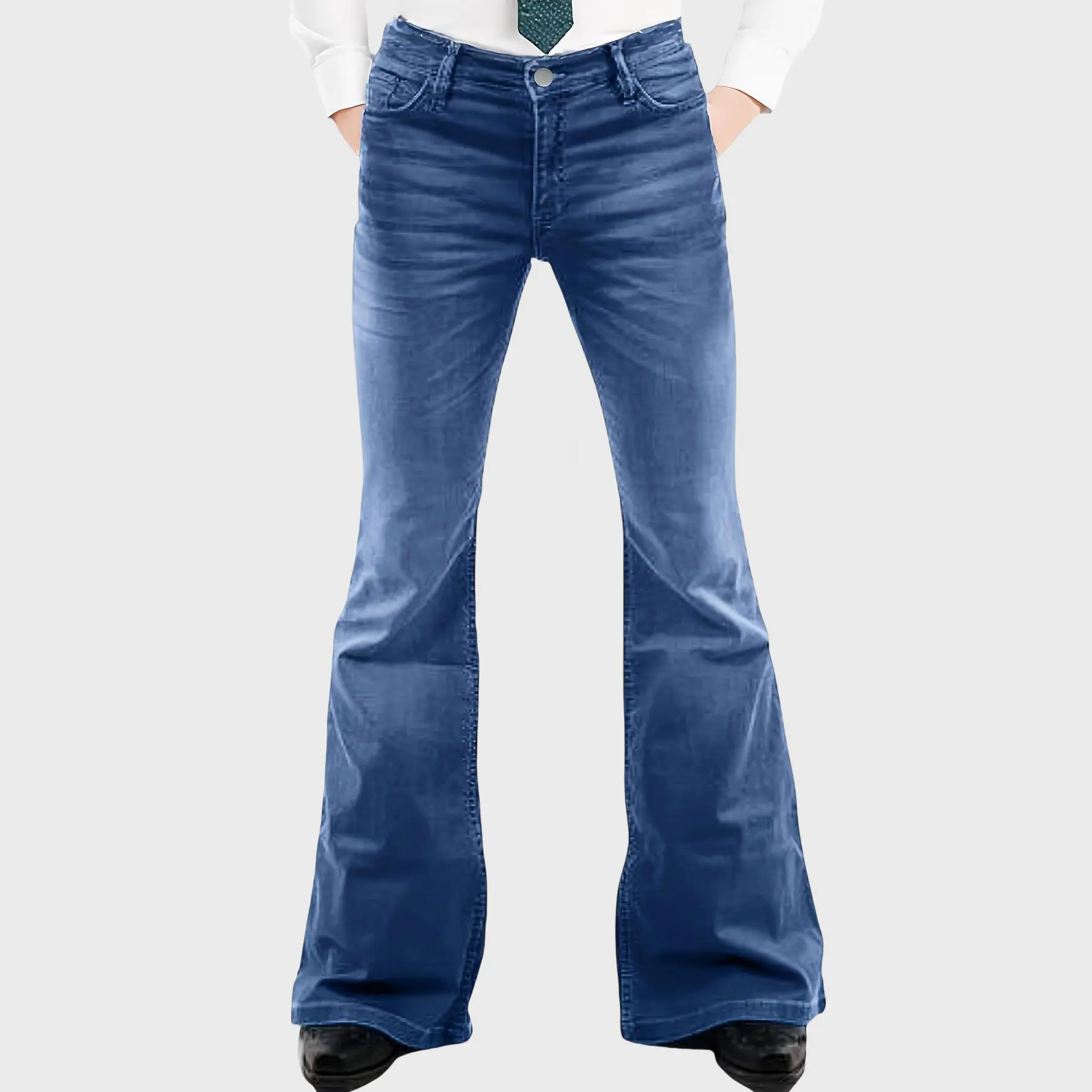 Men's High Cotton Y2K Flare Leg Jeans, Slim Fit Bell Bottom Denim Pants, Retro 70s Style Washed Blue Trousers, Vintage Bootcut Casual Pants for Men