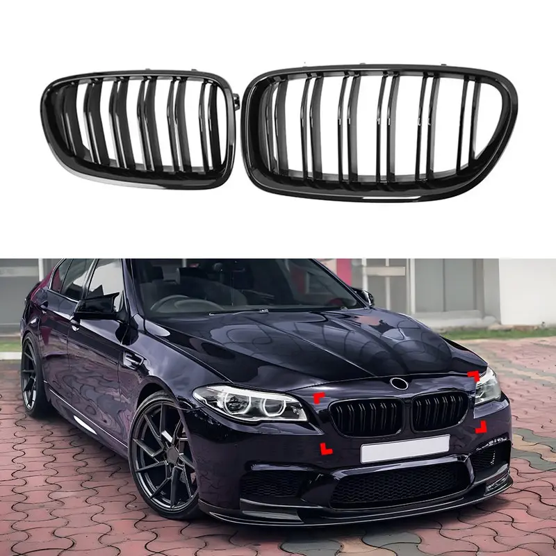 Gloss Black Car Front Kidney Double Slat Grill Grille, Dual Line Racing Grilles for Bmw 5 Series F10 F11 520i 523i 528i 2010-2017 Automotive