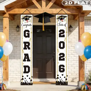 1 Pair 2D Flat Black and White Class Of 2026 Congrats Grad Flags, Front Door Porch Sign Banner Couplets, Polyester For High School College Graduation Ceremony Celebration, Yard, Garage And Home Background Entrance Hanging Decoration