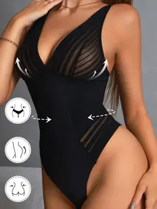 Women's V Neck Mesh Patchwork Underwear Shapewear Bodysuit, Slimming Bodycon One-Piece, Comfortable and Stylish, Perfect for Daily Wear