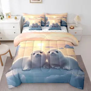 7 Pieces Seal Animal Comforter Set,Arctic Glacier Ice Layer Bedding Set for Kids, (Comforter+Fitted+Flat Sheet+2 Pillowcases+2 Throw Pillow Covers）