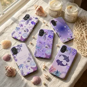 Lavender Ocean Aesthetic Collection Phone Case, Purple Whale Shark, Tough Case, Dolphin, Sea Life Summer, Trendy Gift, Phone Cases For 11 to 17Promax