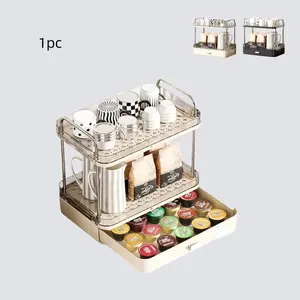 2-Tier Storage Rack with Drain Tray and Drawer, Clear Desktop Organizer for Coffee Bar, Tea Station Countertop Shelf