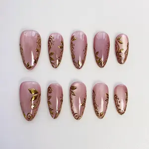 Gold Floral Pink Cat Eye Press On Nails Short Almond Nails/Bling Nails/3D Gold Chrome Nails/Wedding Nails/Glitter Nails/Birthday Nails