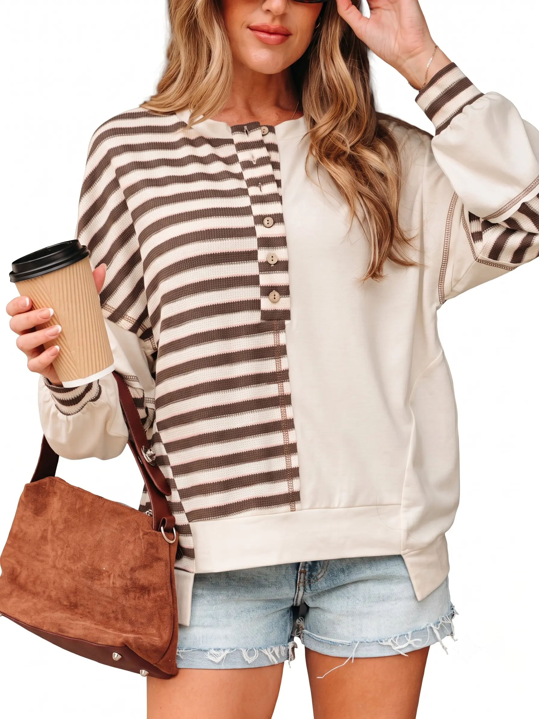 Women's Oversized Color Block Pullover Top Stripe Patchwork Henley V Neck Sweatshirt Casual Long Sleeve Raw Edge Stitching T-Shirt