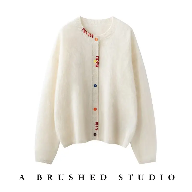 Cashmere Fleece Embroidered Cardigan European and American Lazy Style Thick Warm Knit Sweater