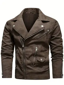 Men's PU Leather Lapel Thermal Casual Jacket with Zipper Pocket - Perfect for Fall and Winter Outdoor Activities