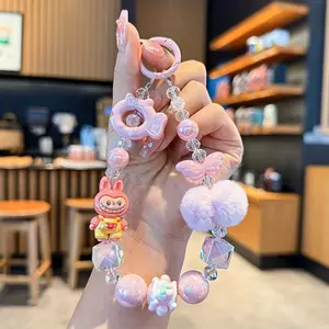 1pc Cute Resin Bead Phone Charm Strap with Cartoon Keychain - Pink Bunny, Cat & Bow Design, Fluffy Ball & Faceless Doll Accents, Perfect for Fashionable Daily Accessories and Gifts Smartphone Cellphone