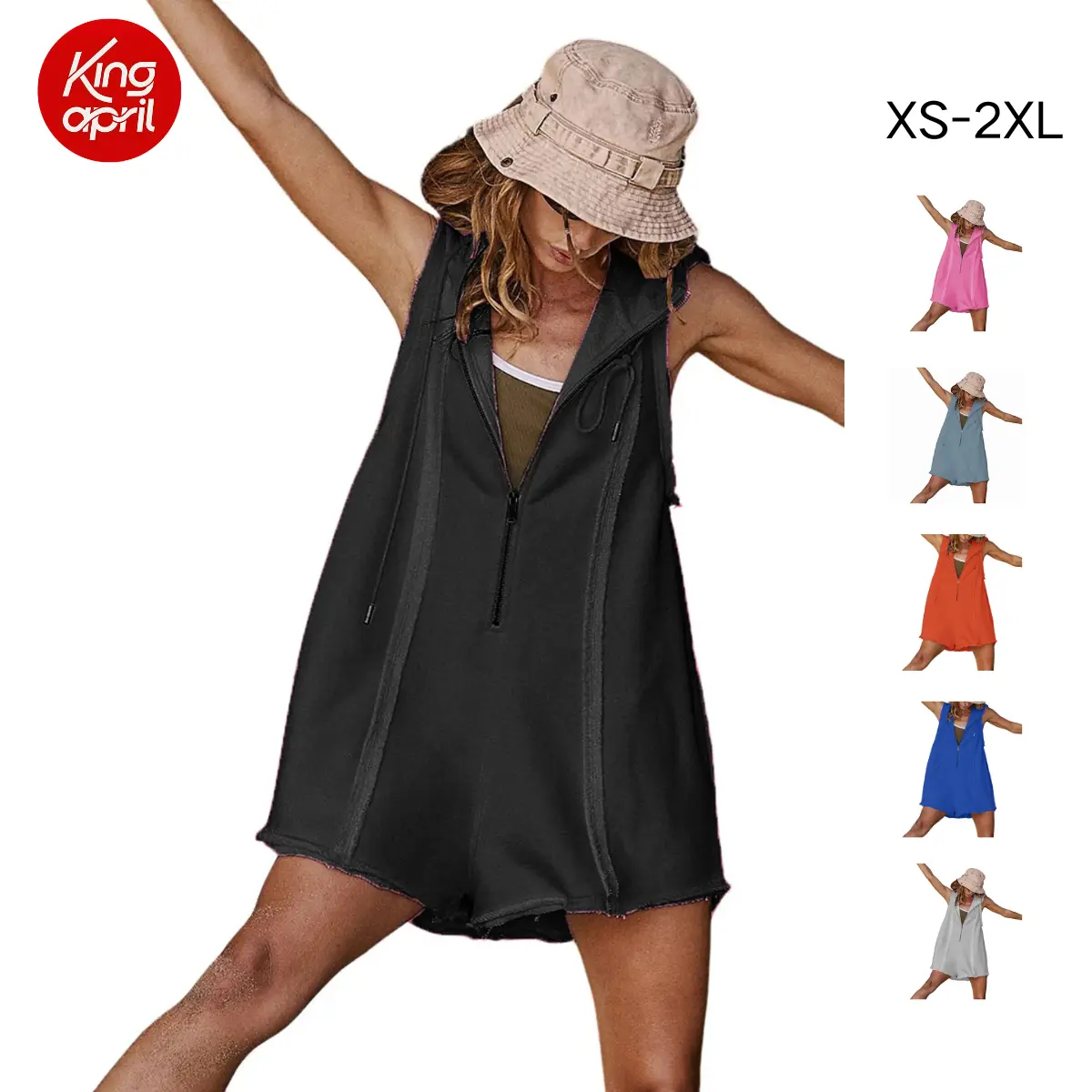 Kingapril Short Half Zipper Sports jumpsuit for Fitness Outdoor Leisure Sleeveless Loose Hoodie for Women, Athletic Jumpsuits, Sporty Comfy Jumpsuit