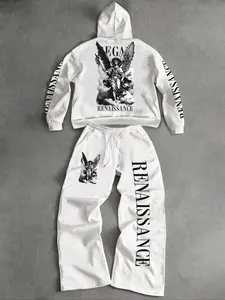 High Street Trendy Hoodie Set, Angel Print Two-Piece, Letter Print, Casual Fashion, Sportswear, Outdoor Hip-Hop Style, Renaissance